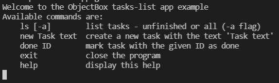 Output of the Objectbox C++ tasks-list app example showing its menu with available commands
