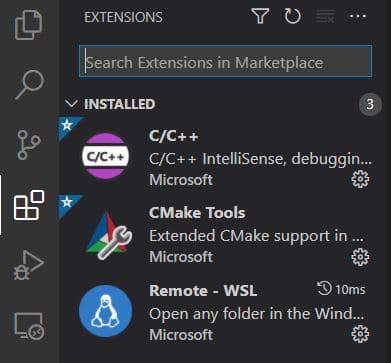 Extensions tab in Visual Studio Code, showing what needs to be installed in this tutorial: C/C++, CMake Tools and Remote - WSL