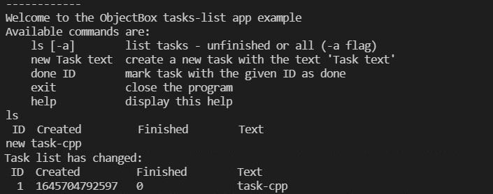 Output of the C++ tasklist example app, showing a newly added task