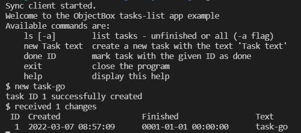 Output of the Go task-list example app after adding a first task